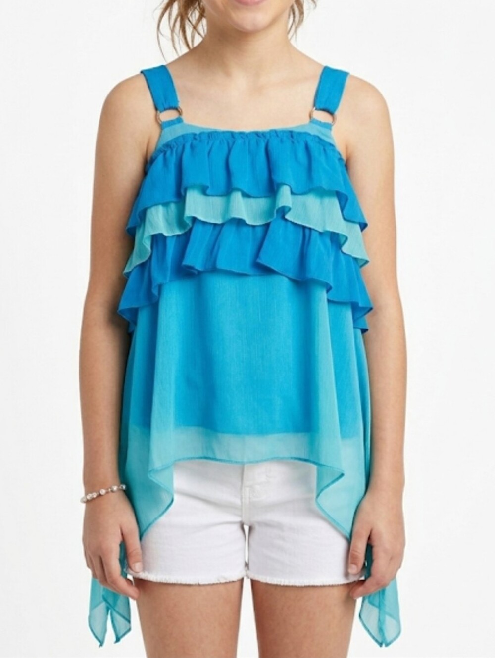 D-Signed Blue Layered Ruffle Front Asymmetrical Hem Top